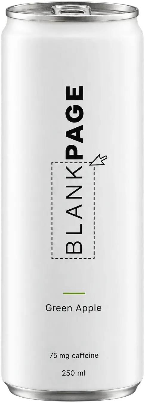 A white can of BLANKPAGE Green Apple, 250 ml, 75 mg caffeine